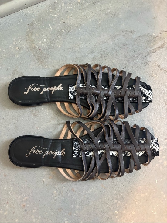 Free People Shoes - Free People Black Strappy Woven Slide Sandals with Cream Accents